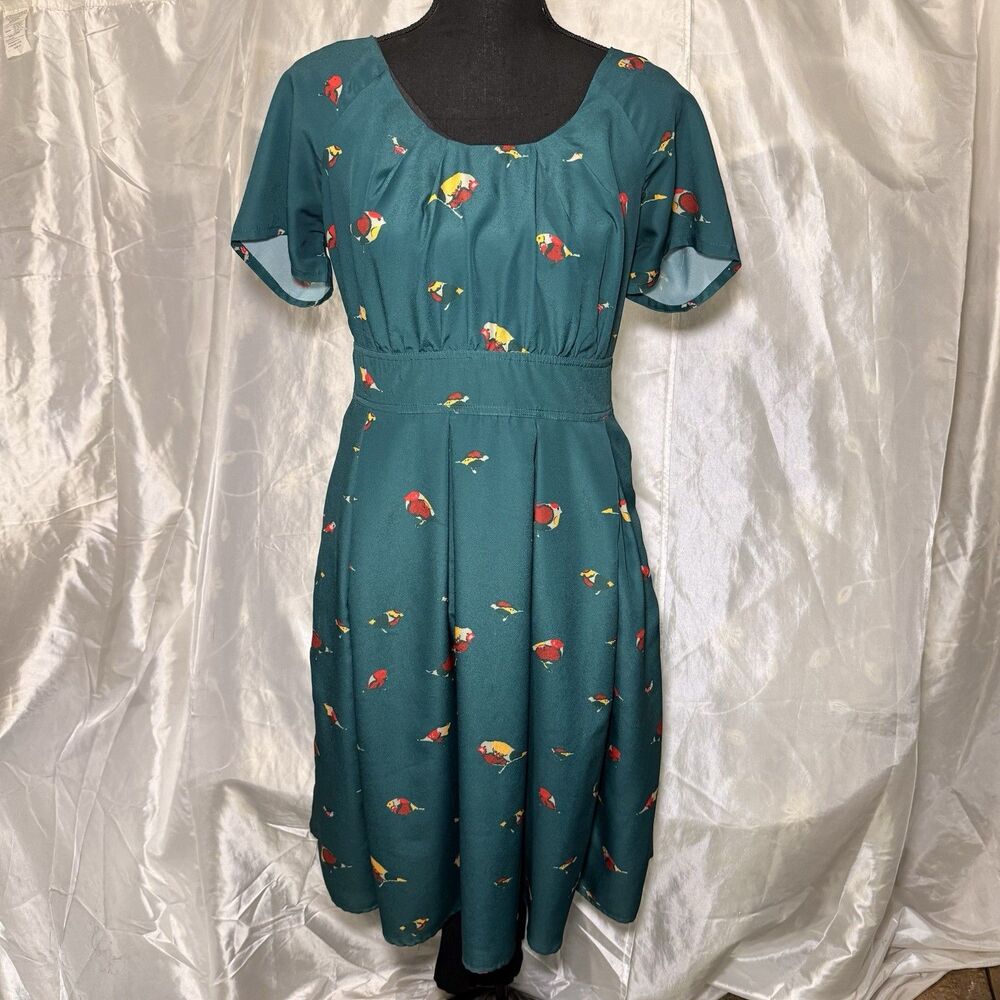 eShakti Dress Size L/14 Green Birds Print Fit & Flare Pockets Cottagecore Casual
